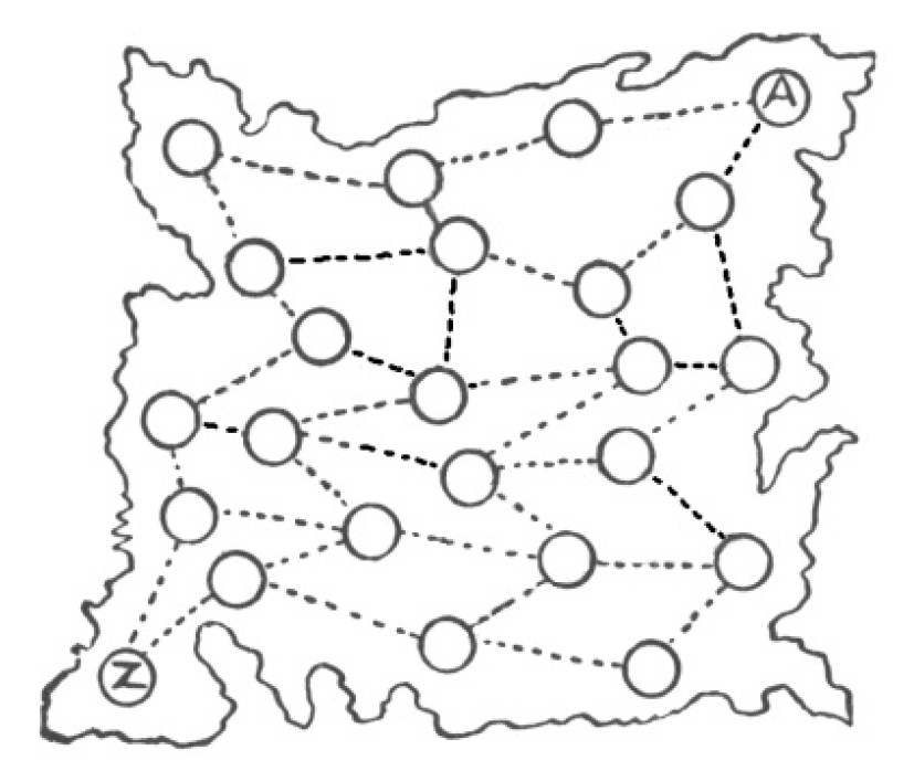 Hand Drawn Map Showing Towns As Circles in a 6 by 4 Grid and Lines Joining Them With A and B Marked at Opposite Corners