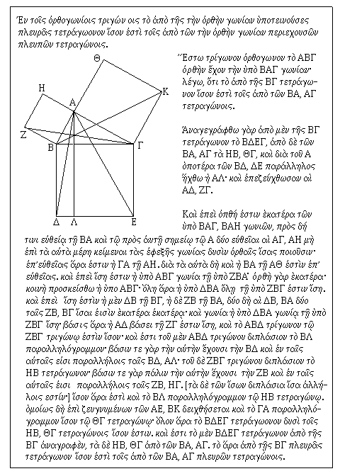 Euclid's Proof of Pythagoras' Theorem in Greek